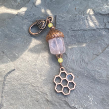 Load image into Gallery viewer, Rose Quartz Acorn Charm with Copper Honeycomb
