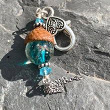 Load image into Gallery viewer, Teal Crystal Keyring Acorn Charm w/ Tassels
