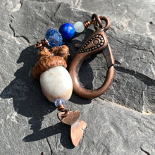 Load image into Gallery viewer, Mini Lavender &amp; White Keyring Acorn Charm w/ Copper Butterfly
