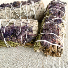 Load image into Gallery viewer, Lavender Rosemary &amp; Sage Smudge Sticks. Lavender and White Sage 4” bundle. Cleansing Incense. CVAG
