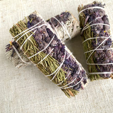 Load image into Gallery viewer, Lavender Rosemary &amp; Sage Smudge Sticks. Lavender and White Sage 4” bundle. Cleansing Incense. CVAG
