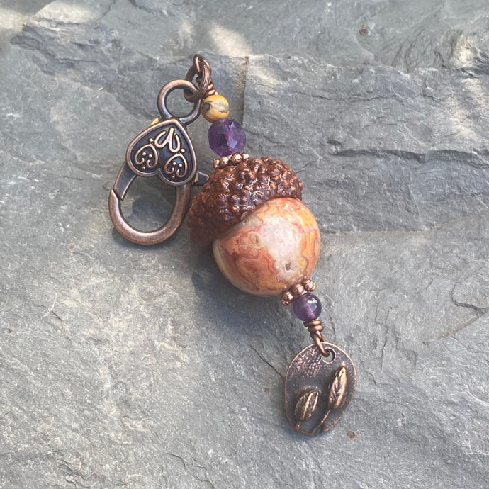 Crazy Lace Agate Acorn Charm with Flower Drop