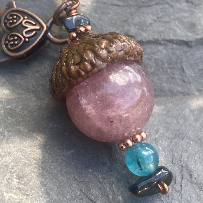 Rose Quartz Acorn Charm with Teal Accents