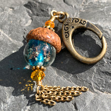 Load image into Gallery viewer, Teal Crystal Keyring Acorn Charm w/ Tassels

