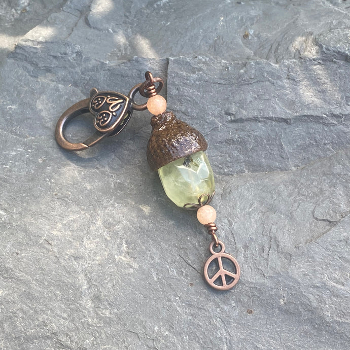 Lime Quartz Acorn Charm with Copper Peace Sign