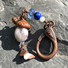 Load image into Gallery viewer, Mini Lavender &amp; White Keyring Acorn Charm w/ Copper Butterfly
