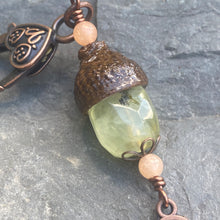 Load image into Gallery viewer, Lime Quartz Acorn Charm with Copper Peace Sign
