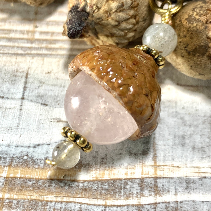 Rose Quartz Keyring Acorn Charm