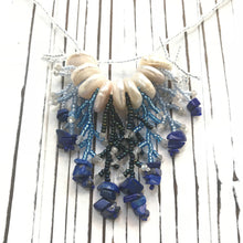 Load image into Gallery viewer, Baroque Pearl Necklace. Blue Waterfall Necklace. Boho Jewelry. Unique Statement Necklace. Handmade. Fringe. Bib. Wedding. CVHWP (Copy) (Copy)
