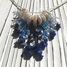 Load image into Gallery viewer, Baroque Pearl Necklace. Blue Waterfall Necklace. Boho Jewelry. Unique Statement Necklace. Handmade. Fringe. Bib. Wedding. CVHWP (Copy) (Copy)
