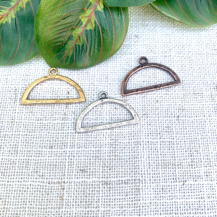 Small Half Circle Charm. Antiqued Silver/Copper/Gold Metal charm for diy crafts. 30X19mm. sold per each. hammered charm. CVAG