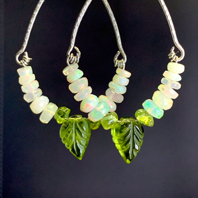 SIlver Leaf Earrings. Green Peridot Earrings. Opal Earrings. Hoop Earrings. Unique Jewelry gift for her. CVAG