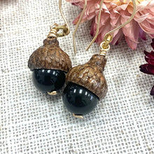 Load image into Gallery viewer, Black Gold Sheen Obsidian Acorn Earrings in 14k Gold - Coral and Vine Co
