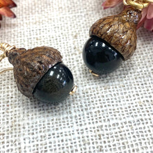 Load image into Gallery viewer, Black Gold Sheen Obsidian Acorn Earrings in 14k Gold - Coral and Vine Co
