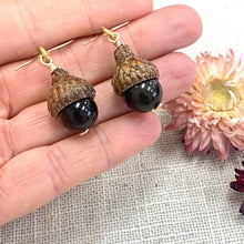 Load image into Gallery viewer, Black Gold Sheen Obsidian Acorn Earrings in 14k Gold - Coral and Vine Co
