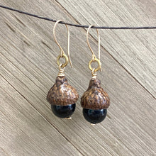 Load image into Gallery viewer, Black Gold Sheen Obsidian Acorn Earrings in 14k Gold - Coral and Vine Co
