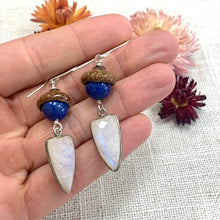 Load image into Gallery viewer, Blue Lapis and Moonstone Acorn Dangle Earrings in Silver - Coral and Vine Co
