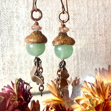 Copper Butterfly Earrings with Green Aventurine Acorn Gems - Coral and Vine Co