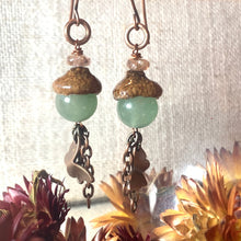 Load image into Gallery viewer, Copper Butterfly Earrings with Green Aventurine Acorn Gems - Coral and Vine Co
