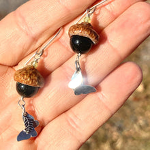 Load image into Gallery viewer, Green Goldstone Acorn Earrings with Silver Butterflies - Coral and Vine Co
