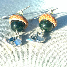 Load image into Gallery viewer, Green Goldstone Acorn Earrings with Silver Butterflies - Coral and Vine Co
