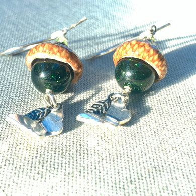 Green Goldstone Acorn Earrings with Silver Butterflies - Coral and Vine Co