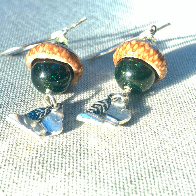 Green Goldstone Acorn Earrings with Silver Butterflies - Coral and Vine Co