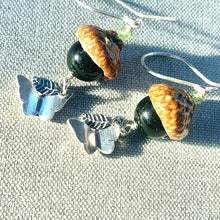 Load image into Gallery viewer, Green Goldstone Acorn Earrings with Silver Butterflies - Coral and Vine Co
