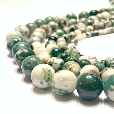 Green White Moss Tree Agate Gemstone Smooth Round Beads - Coral and Vine Co