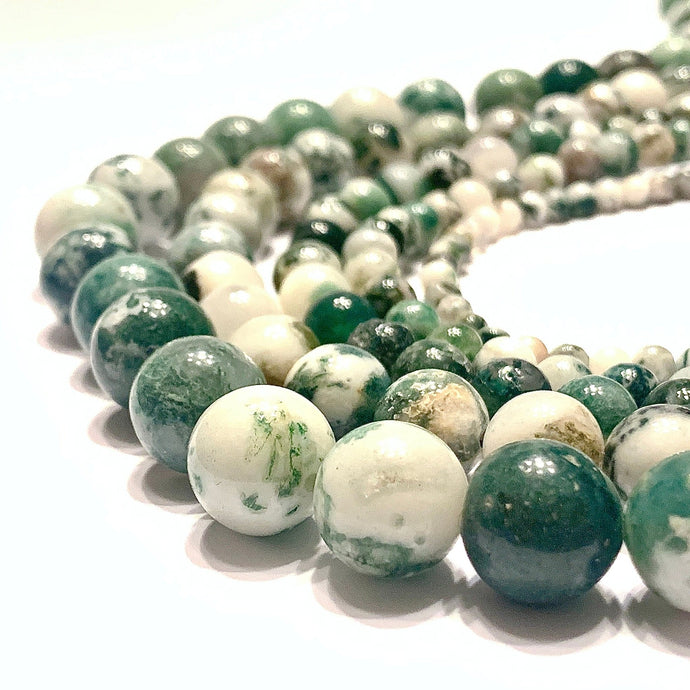Green White Moss Tree Agate Gemstone Smooth Round Beads - Coral and Vine Co