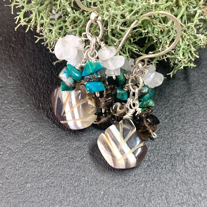 Turquoise Cluster Earrings with Shell Carved Boulder Opals