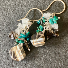 Load image into Gallery viewer, Turquoise Cluster Earrings with Shell Carved Boulder Opals
