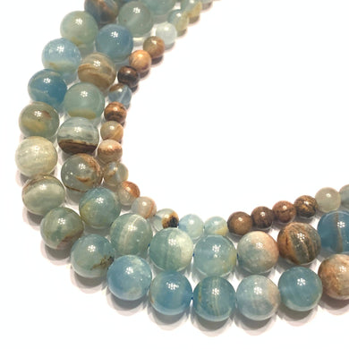 Rare Natural Argentina Lemurian Aquatine Calcite, Blue Onyx Gemstone Smooth Round Beads - Coral and Vine Co