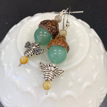 Load image into Gallery viewer, Silver Bumble Bee Earrings with Green Aventurine Acorns - Coral and Vine Co
