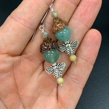 Load image into Gallery viewer, Silver Bumble Bee Earrings with Green Aventurine Acorns - Coral and Vine Co
