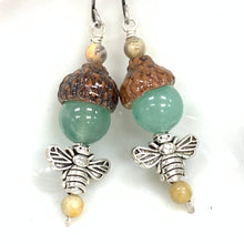 Load image into Gallery viewer, Silver Bumble Bee Earrings with Green Aventurine Acorns - Coral and Vine Co
