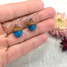 Load image into Gallery viewer, Teal Apatite Fairie Earrings w/ Acorn Caps in Silver - Coral and Vine Co
