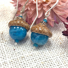 Load image into Gallery viewer, Teal Apatite Fairie Earrings w/ Acorn Caps in Silver - Coral and Vine Co
