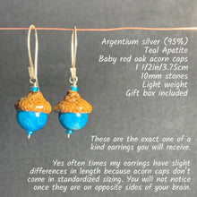 Load image into Gallery viewer, Teal Apatite Fairie Earrings w/ Acorn Caps in Silver - Coral and Vine Co
