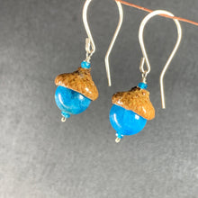 Load image into Gallery viewer, Teal Apatite Fairie Earrings w/ Acorn Caps in Silver - Coral and Vine Co
